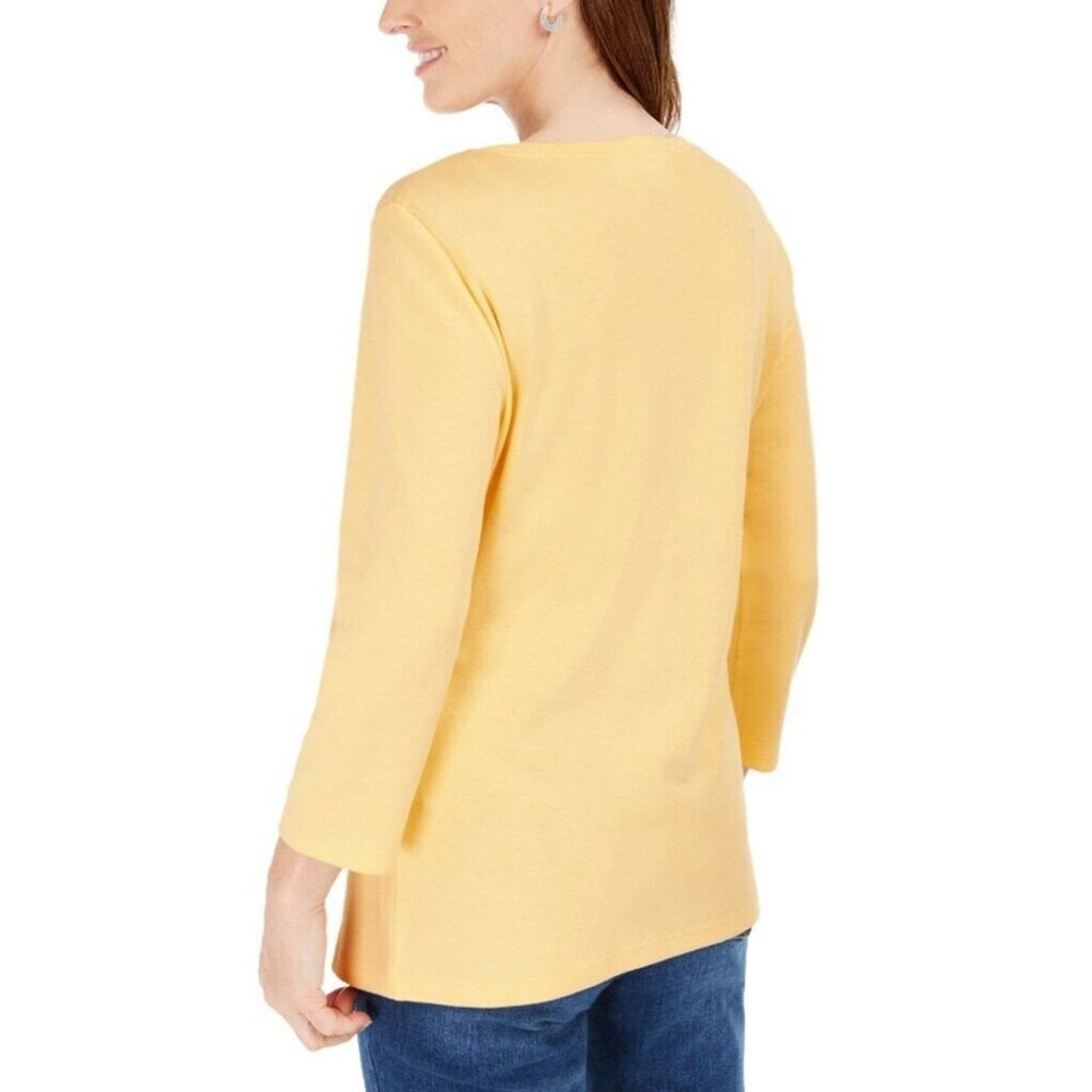 Karen Scott Women's Medium Petite 100% Cotton Yellow 3/4-Sleeve Henley Shirt NWT - Picture 2 of 6